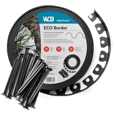 Immagine di WDB Bordo flessibile in plastica, lunghezza 10 m, altezza 4 cm, con 20 chiodi di fissaggio, colore nero, RAL 9005