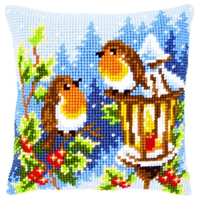 Immagine di Vervaco Kreuzstichkissen Rotkehlchen mit Lampe Cuscino per Punto Croce, con Materiale Incluso, Cotone, Multicolore, 40.0 x 0.30000000000000004 cm