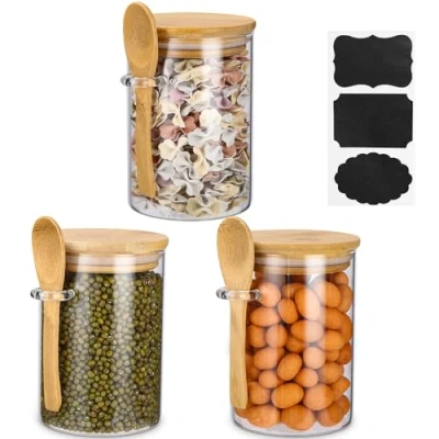 Immagine di Barattoli vetro con Coperchio, di coperchio a tenuta e cucchiaio,540ML Cucina,Vetro Borosilicato,Set 3 Vasetti Cucina,Contenitori per Spezie,Caramelle,Caffè