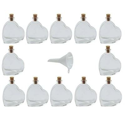 Immagine di Viva Haushaltswaren Gabriele Hesse e.K. 12 Piccole Bottiglie di Vetro da 50 ml, a Forma Cuore, con Tappo in Sughero, Incluso 1 Imbuto