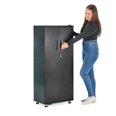 Immagine di MMT Furniture Designs Armadietto da ufficio in legno nero, armadio con chiusura a 2 ante e ripiani interni
