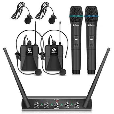 Immagine di Debra Audio Pro UHF Sistema di microfono wireless a 4 canali, con lavalier, ricevitore in metallo, ideale per karaoke, feste karaoke (2 Palmare e 2 Bodypack (B))