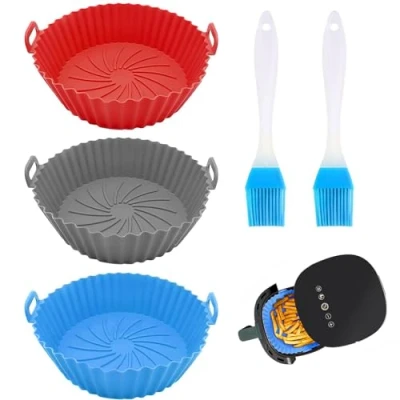 Immagine di VireEyU Set di 3 forme in silicone per friggitrice ad aria, 17,5 cm, incluse 2 spazzole olio, fodere riutilizzabili air fryer, accessori da forno e microonde