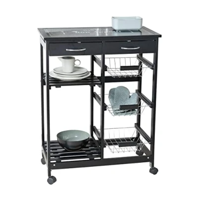 Immagine di WENKO carrello portavivande Bon Appetit, con ruote e ripiano in vetro motivo, ideale come per servire a tavola o scaffale la cucina, MDF, 67 x 86,5 35 cm, colore nero