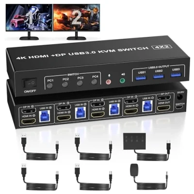 Immagine di USB 3.0 Displayport HDMI KVM Switch 4 PC 2 Monitor, Dual Monitor 4K 60Hz Switcher per computer Condividi Display e Uscita Microfono Audio 3 porte Mouse, Tastiera