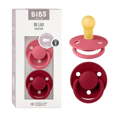 Immagine di BIBS De Lux Ciuccio confezione da 2 pezzi. Privo di BPA, Tettarella tonda. Lattice gomma naturale, Misura 1 (0 6 mesi), Coral/Ruby