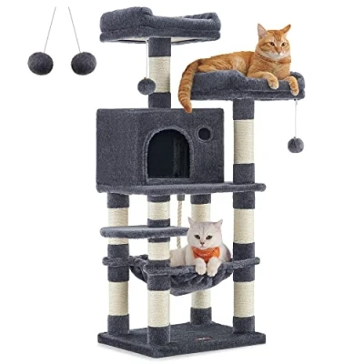 Immagine di Feandrea Albero per Gatti Alto 112 cm, Tiragraffi Gatti, con 11 Pali Graffiatoi, 2 Posatoi, 1 Grotta, Amaca, Pompon, in Peluche a Più Livelli, Grigio Fumo PCT215G01