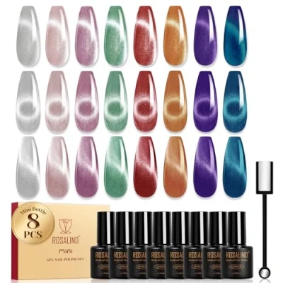 Immagine di ROSALIND Smalto Semipermanente Unghie Magnetico, 8 Colori Argento Rosa Verde Rosso Arancione Viola Blu Cristallio Cat Eye Smalti Semipermanenti per Unghie, Mini UV/LED Cateye Gel