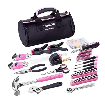 Immagine di Trimate, set di utensili manuali per la casa, 86 pezzi, con borsa arrotolabile, martello, chiavi, cacciaviti, pinze, ideale casa o l&#039;auto (rosa)