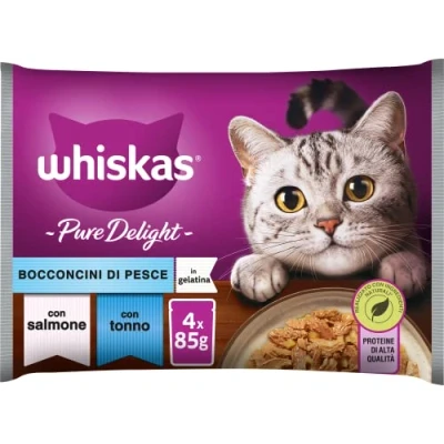 Immagine di Whiskas Pure Delight Bocconcini di Pesce, 1+ Anni, Cibo Umido per Gatto, 13 Confezioni ognuna da 4 Bustine 85 g (52 in Totale)