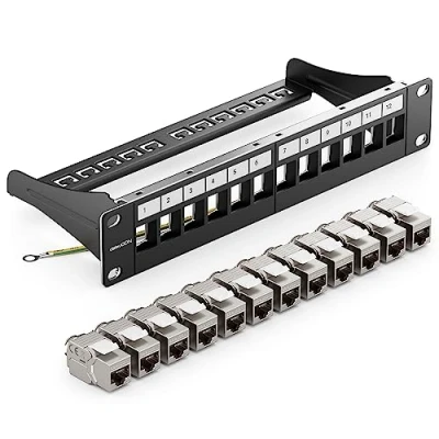 Immagine di deleyCON 12 Porto CAT7 Pannello Patch SET Campo Delle di Distribuzione Modulare 1 IU 10&quot; Pollici Montaggio Rack + 12x CAT 7 Keystone Moduli RJ45 10 Gbit/s 600 MHz Cavi Posa Nero
