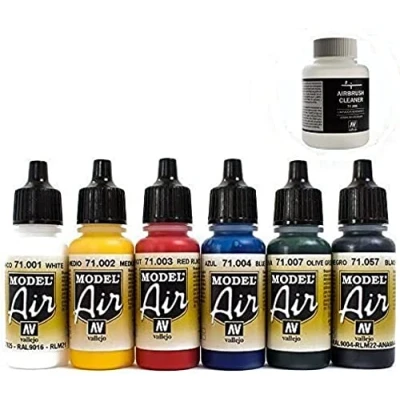 Immagine di Vallejo, 6 colori per aerografo Model Air, Cleaner 85 ml, in boccette da 17 ml