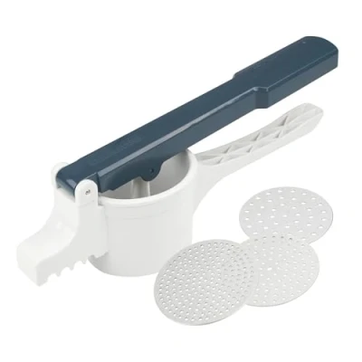 Immagine di Fackelmann Schiaccia Patate, Linea Easy Prepare, con 3 Dischi di Acciaio Dotati Fori Diversi, 35x12x42,5cm, Colore: Blu Scuro e Bianco