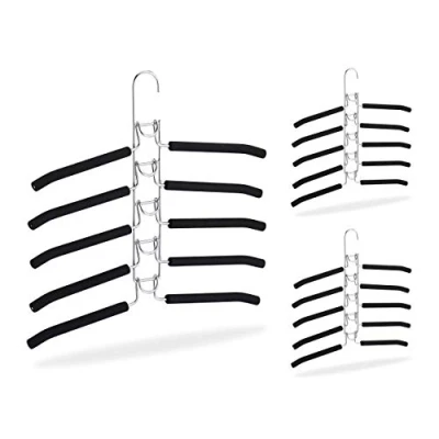 Immagine di Relaxdays Set da 15 Grucce Multiple, Stampelle per Giacche, Appendino 5 in 1, Salvaspazio e Antiscivolo, Argento/Nero