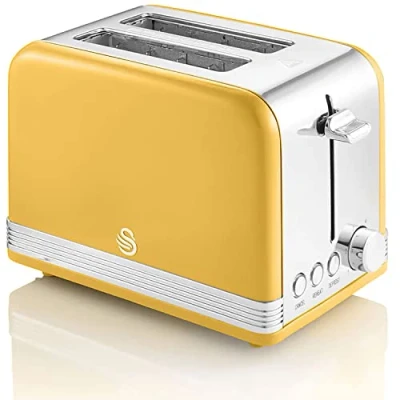 Immagine di Swan Retro ST19010YELNEU Tostapane a Fessura Larga 2 Fette, Design Vintage, 3 Funzioni: Scongelamento, Riscaldamento, Annullamento, 6 Regolatore del livello di Tostatura, Acciaio Inox., Giallo, 815W