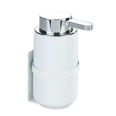 Immagine di WENKO Dosatore di sapone da parete Woya, dispenser a pompa in ceramica, max. 250 ml liquido, detersivo per piatti o disinfettante, fissaggio Turbo Loc® senza perforare, Ø 6,8 x 13 cm, bianco