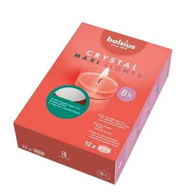 Immagine di Bolsius Crystal Maxi Lights Box da 12 Pezzi Tealight Bianche in Cup Trasparente Cera Inodore Durata: fino a 8 ore candela Vegana Senza Olio di Palma Profumo