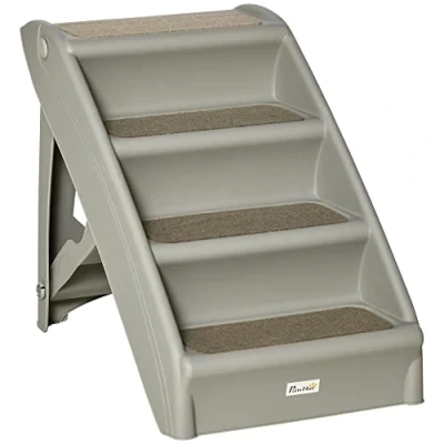 Immagine di PawHut Scaletta per Cani Pieghevole con 4 Gradini Antiscivolo, Scala Animali Domestici fino 10 kg in PP, 62x38x49.5cm, Grigio