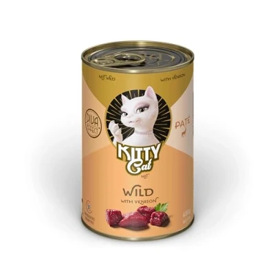 Immagine di KITTY Cat Paté Wild, 6 x 400 g, cibo umido per gatti, senza cereali con taurina, olio di salmone e cozze labbra verdi, mangime completo ad alto contenuto carne, Made in Germany