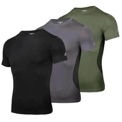 Immagine di AMZSPORT Maglietta a Compressione da Uomo, Maniche Corte, Funzionale, Cool Dry, per Allenamento e Corsa, Nero Grigio Verde, M