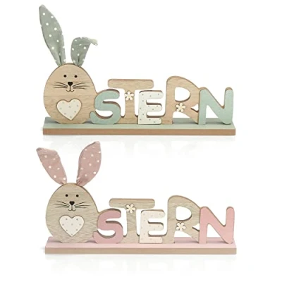 Immagine di com four® 2X Scritta Decorativa per Pasqua con Coniglietti pasquali Decorazioni da appoggiare in Legno (02 Pezzi Rosa/Verde)