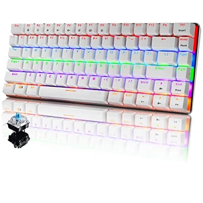 Immagine di Tastiera Meccanica da Computer Gaming, USB Cablata 82 Tasti Anti Ghosting Blue Switch Gioco Arcobaleno Multicolore Illuminata Backlit, Mechanical Keyboard Compatta Ergonomica Bianco