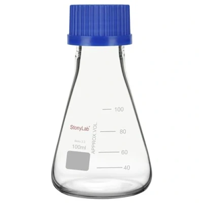 Immagine di stonylab Matraccio Erlenmeyer con Tappo Avvitato Blu, Conico in Vetro Borosilicato Graduato per Laboratorio, 100 ml