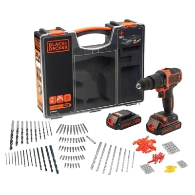 Immagine di BLACK+DECKER Trapano/Avvitatore a Percussione con Doppia Batteria in Valigetta Premium e 160 Accessori, 1.5 Ah, Arancione, 3/8 pollice
