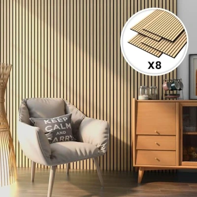 Immagine di NEU.HOLZ Set di 8 Pannelli Fonoassorbenti Decorativi Isolamento Acustico per Parete e Soffitto in Feltro Pet con Listelli MDF Rovere