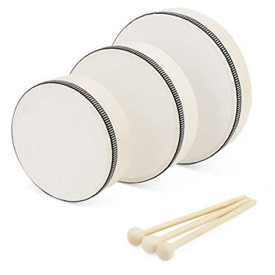 Immagine di JOIKIT Set di 3 tamburi a mano da 15,2 cm, 17,8 cm e 20,3 con bacchette, per musica, strumenti