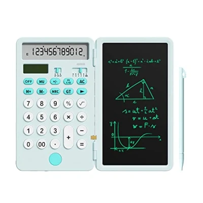 Immagine di NEWYES Calcolatrice di Base Ricaricabile Migliorata con Blocco Note da 6,5 Pollice Standard Tasca 12 Cifre Funzione 2 in 1 Portatile per Scuola Ufficio (Blu)