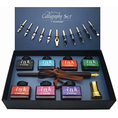 Immagine di IDEAPOOL Set Calligrafia 22 Pezzi, include 7 inchiostri a bottiglia, 12 Pennini Calligrafici, penna in legno, portapenne dorato e libretto di introduzione
