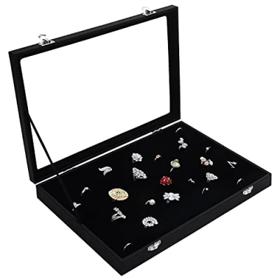 Immagine di Kurtzy Organizer Gioielli Espositore Anelli in Velluto Nero con 100 Fessure Porta Coperchio Vetro per Anelli, Orecchini e Gemelli