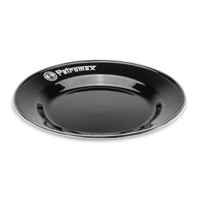 Immagine di Petromax Piatto smaltato nero, 2 pezzi (26 cm), bordo in acciaio inox di alta qualità, igienico, leggero, resistente agli urti, facile da pulire, per campeggio ed esterni, robusto, uso alimentare
