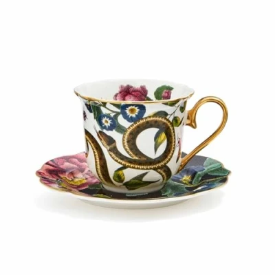 Immagine di Spode Creatures of Curiosity Tazza da tè e piattino, con motivo serpente nero scanalato