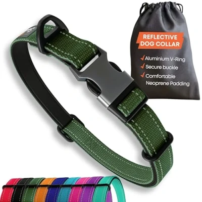 Immagine di Collare per cani di taglia grande, riflettente, regolabile, imbottito, con fibbia in metallo, anello a V alluminio, sicurezza