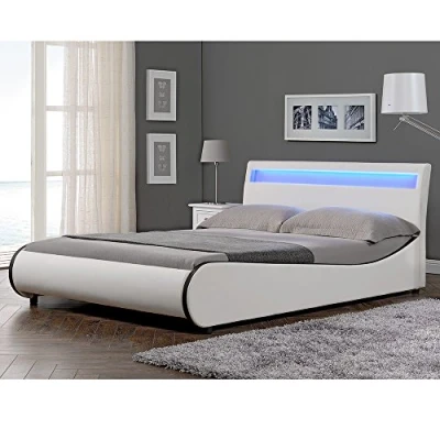 Immagine di Corium Struttura Letto Imbottito a Testiera Alta con Illuminazione LED e Telecomando Matrimoniale 2 Piazze 180x200 cm Bordi Curvi Rivestimento in Similpelle Bianco