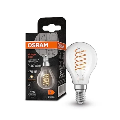 Immagine di OSRAM Lampada LED Vintage 1906 Classic P FIL, E14, sfera, trasparente, 4.8 W, 470lm, 2700K, luce bianca calda, dimmerabile, filamento ultra sottile, basso consumo energetico, lunga durata