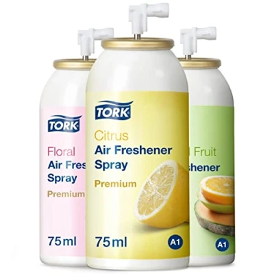 Immagine di Tork 236056 Deodorante Spray Premium, confezione mista (Limone, Frutti Tropicali e Floreale) / 12 Ricariche da 75 ml cad., compatibili con sistema A1, numero di dosi: 3000 cad.