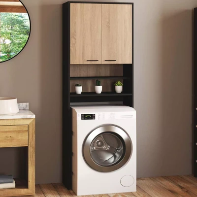 Immagine di Scaffalatura WALLIS nera e in faggio per lavatrice piano WC IDMarket