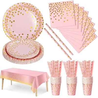 Immagine di Nkaiso 126 Pezzi Rosa Oro Stoviglie per Feste,Happy Everyday Festa Decorazioni Set Include Piatti di Carta Tovaglioli Tazze Cannucce Tovaglia,per Nuziale Matrimonio,Compleanno(25 Ospiti)