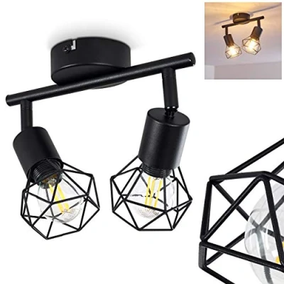 Immagine di lampada a soffitto Baripada, in metallo nero, 2 luci, x attacco E14, spot regolabile design retrò/vintage look griglia con effetto luce sul soffitto, senza lampadina/e