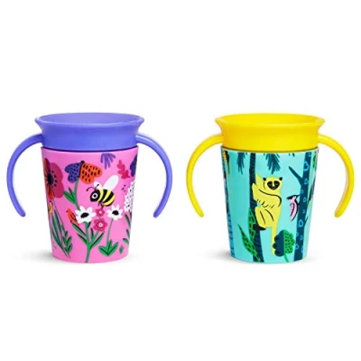 Immagine di Tazza Munchkin WildLove Miracle 360, Set di Tazze per Svezzamento Antigoccia con Manici Bambini a Partire da 6 Mesi, Senza BPA, Confezione Riciclata Pacco 2 x 177 ml, Motivo: Lemure/Ape