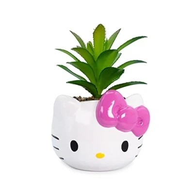 Immagine di Silver Buffalo Sanrio Hello Kitty Face Mini vaso in ceramica con piante grasse artificiali, 7,6 cm