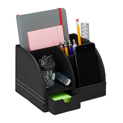 Immagine di Relaxdays Portaoggetti da Scrivania, Similpelle, Organizer Ufficio &amp; Studio, 4 Scomparti, Portapenne, 13x19x15 cm, Nero, PU, Cartone, Tessuto, 1 Pz