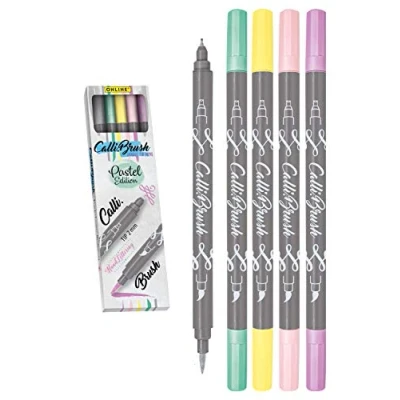 Immagine di Online Calli.Brus, juego de 5 rotuladores para escritura a mano, caligrafía, pluma con punta caligrafía y pincel bullet Journaling, acuarelas, color pastel