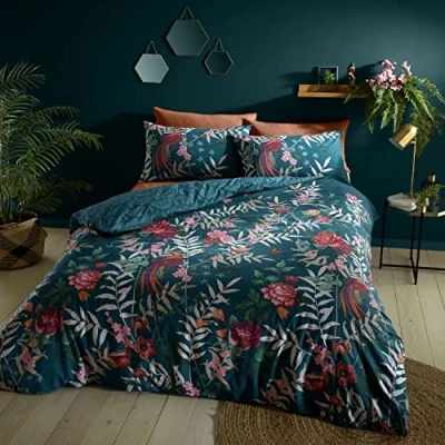 Immagine di Catherine Lansfield Set copripiumino singolo reversibile con federe, motivo floreale tropicale, colore: verde