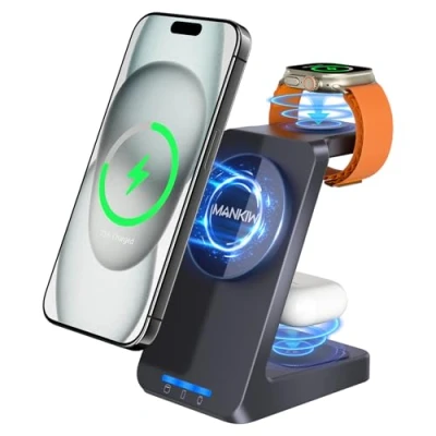 Immagine di MANKIW 3 in 1 Caricatore Wireless per MagSafe, Stazione di Ricarica Magnetica Rapida iPhone 16/15/14/13/12 Series, AirPods Pro/3/2 &amp; iWatch