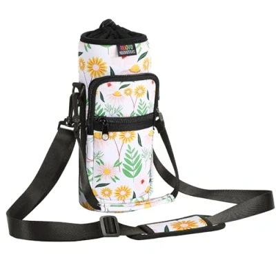 Immagine di Nuovoware Borsa per Borraccia in Neoprene da 25oz/710ml, Custodia Bottiglia con Tracolla Regolabile Maniglia e Tasche Portatile Porta Ciclismo, Campeggio, Giallo Margherita