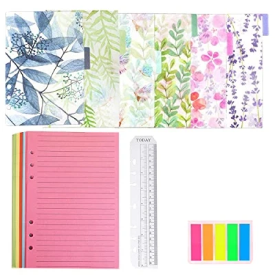 Immagine di Qincling, Set di quaderni A5 ricaricabili, 2 confezioni da 100 fogli con 6 fori, sfusi a righe, divisori in PVC, per oggetti, busta chiusura zip, Colorato,
